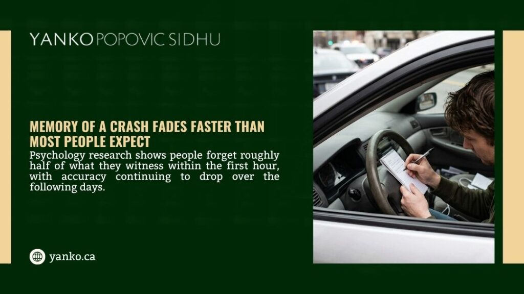 Driver writing notes in car after collision, illustrating why memory of a crash fades faster than most people expect within the first hour.