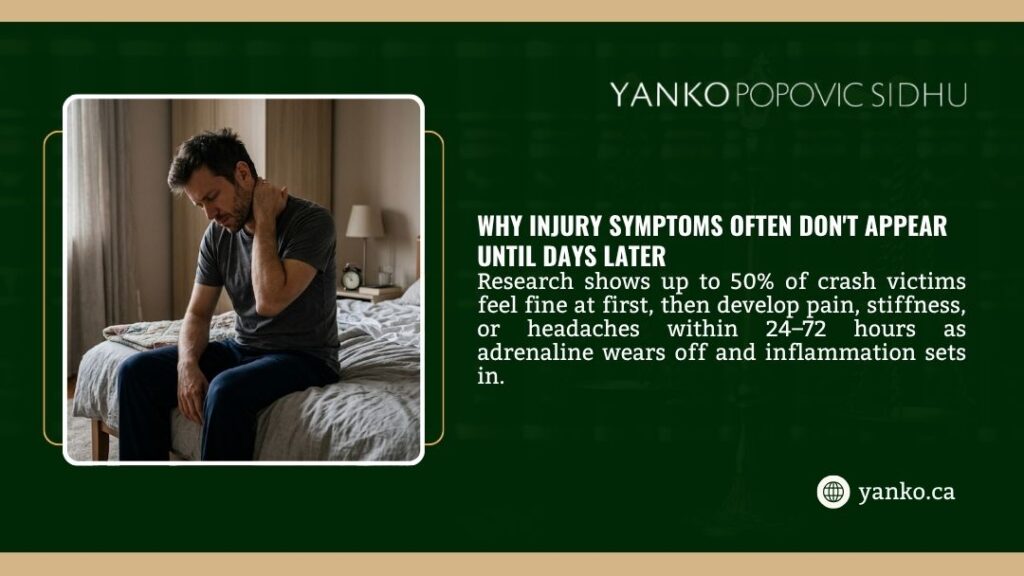 Man holding neck in pain while sitting on bed, illustrating why injury symptoms often don't appear until days after a car accident.