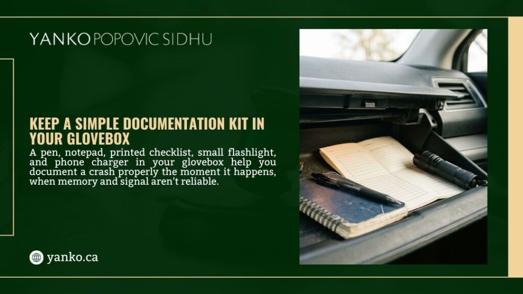 Open glovebox with notepad, pen, and flashlight, illustrating how to keep a simple documentation kit ready in your glovebox for car accidents.