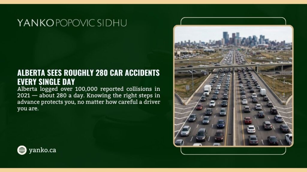 Aerial view of busy highway traffic in Alberta, illustrating that the province sees roughly 280 car accidents every single day.