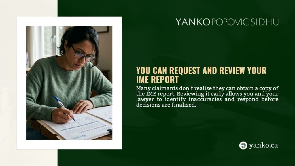 A woman with glasses carefully reviews and annotates a medical report at her desk, illustrating that you can request and review your IME report.