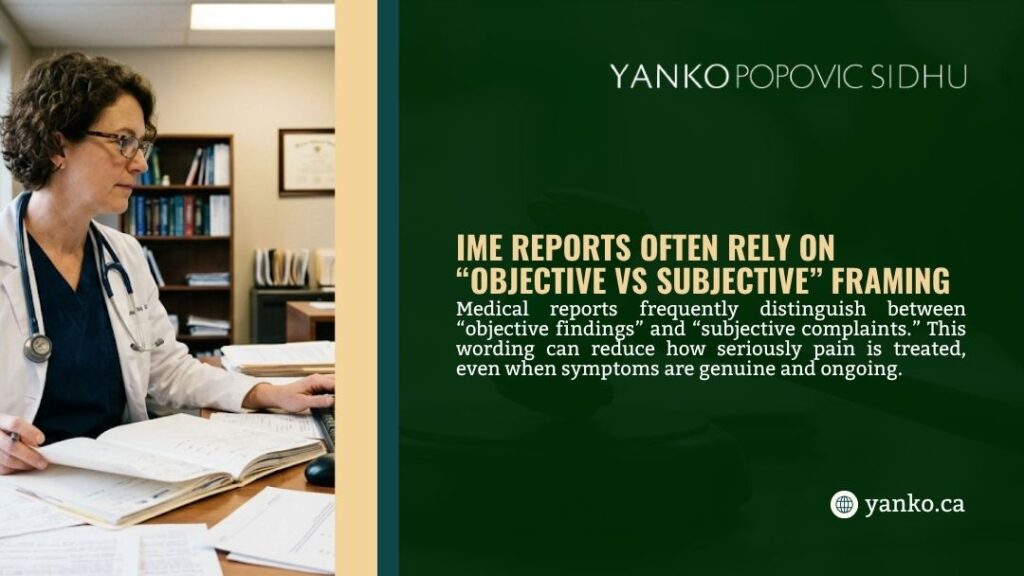 A doctor reviews medical records at her desk, illustrating how IME reports often rely on objective vs subjective framing to assess injury claims.