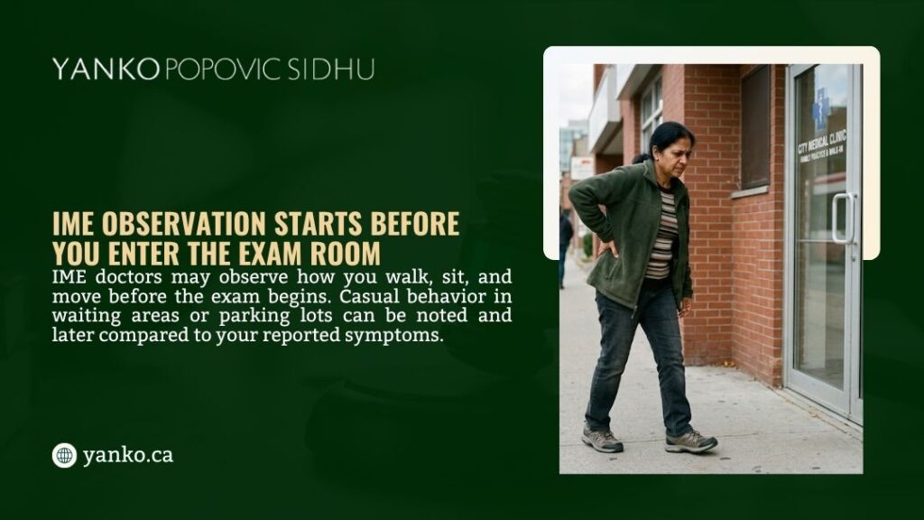 A woman holds her lower back in pain outside a medical clinic, illustrating how IME observation starts before you even enter the exam room.