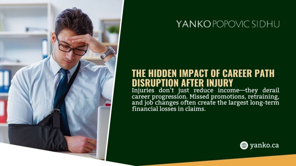 A stressed office worker with an arm sling holds his head at his desk, illustrating the hidden impact of career path disruption after a workplace injury.