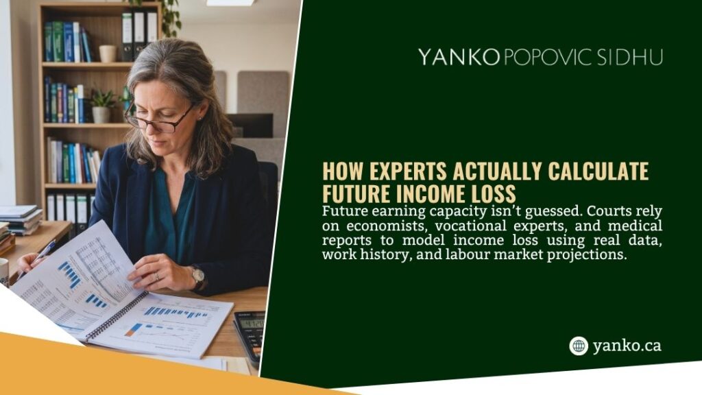 Professional woman with glasses reviewing financial charts and documents at her desk, with headline "How Experts Actually Calculate Future Income Loss" by Yanko Popovic Sidhu.
