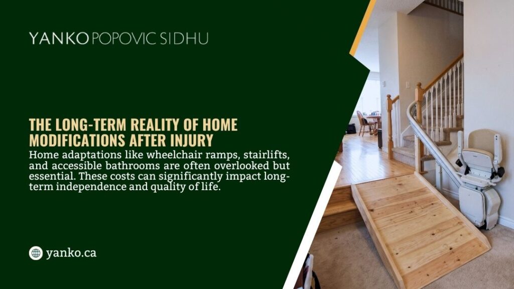 A wooden wheelchair ramp and stairlift installed in a home hallway, illustrating the long-term reality of home modifications needed after injury.