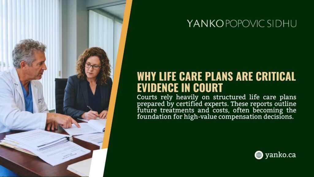 Professional image showing a doctor and lawyer reviewing documents at a table, with headline "Why Life Care Plans Are Critical Evidence in Court" by Yanko Popovic Sidhu.