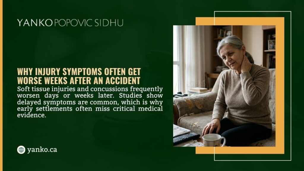 An older woman holds her neck in pain while sitting at home, illustrating why injury symptoms often get worse weeks after an accident.