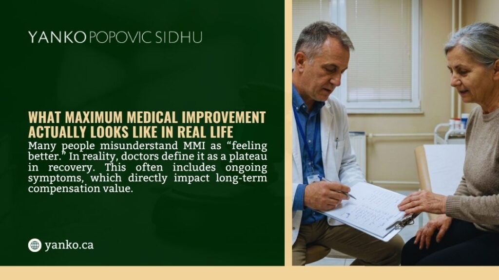 A doctor reviews medical notes with an older female patient in a clinic, illustrating what maximum medical improvement actually looks like in real life.