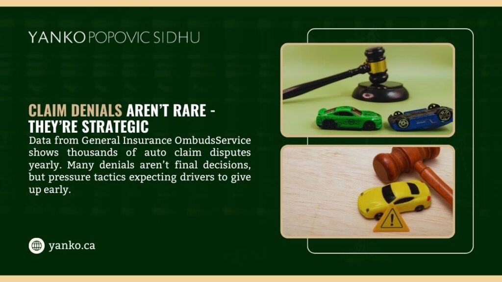 Toy cars with judge's gavel and warning symbol; infographic about insurance claim denials being strategic by Yanko Popovic Sidhu.