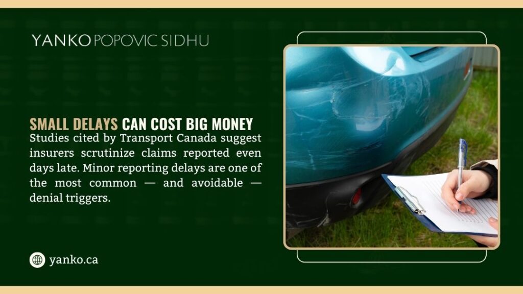Person documenting damaged blue car on clipboard; infographic about small claim delays costing big money by Yanko Popovic Sidhu.