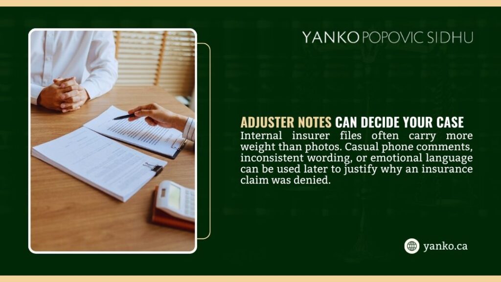 Insurance claims adjuster reviewing documents with client at desk; infographic about how adjuster notes decide insurance cases.