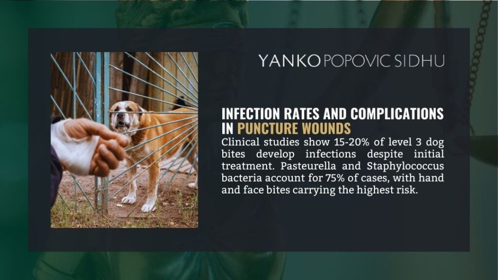 Puncture wound infection rates: 15-20% of dog bites develop infections with Pasteurella and Staphylococcus bacteria, hand and face bites carry highest risk