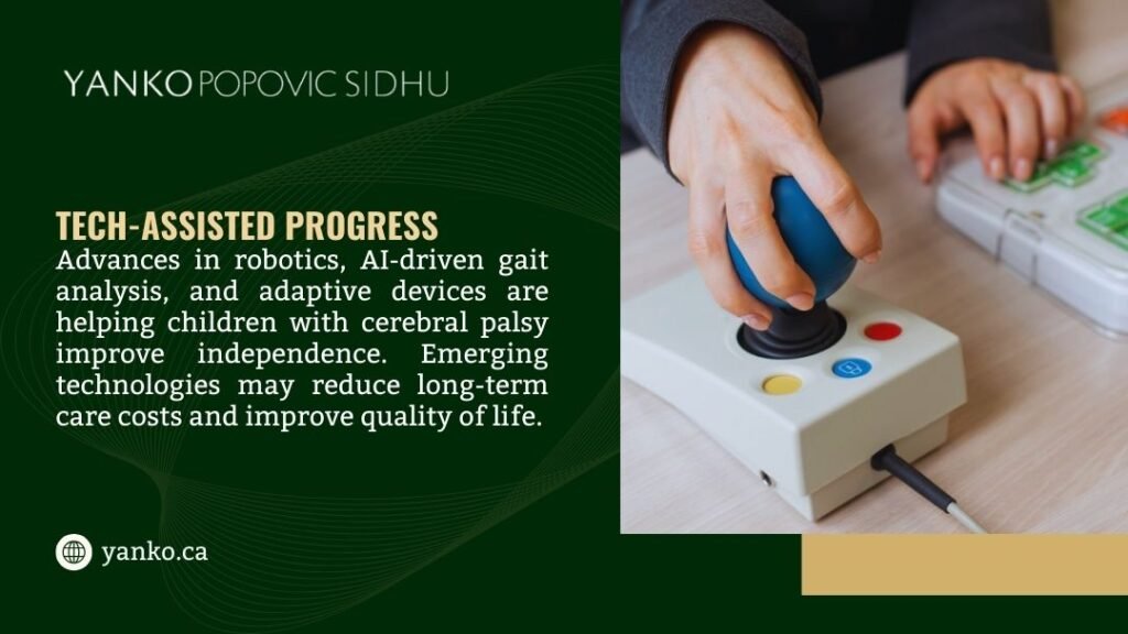 Child's hand using adaptive joystick controller. Text: Tech-Assisted Progress – Robotics, AI gait analysis & adaptive devices boost independence for kids with cerebral palsy.