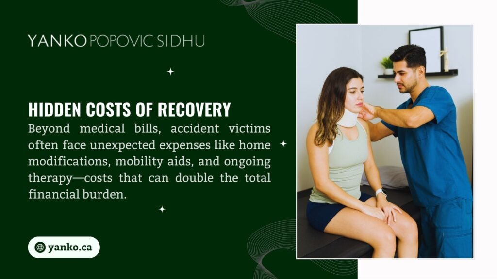 Image from Yanko Popovic Sidhu showing a patient with a neck brace being examined, highlighting hidden recovery costs like home modifications and therapy doubling financial burden.