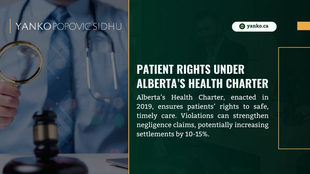 Yanko Popovic Sidhu ad on patient rights under Alberta's Health Charter, enacted in 2019, ensuring safe, timely care, with violations potentially increasing negligence settlements by 10-15%.