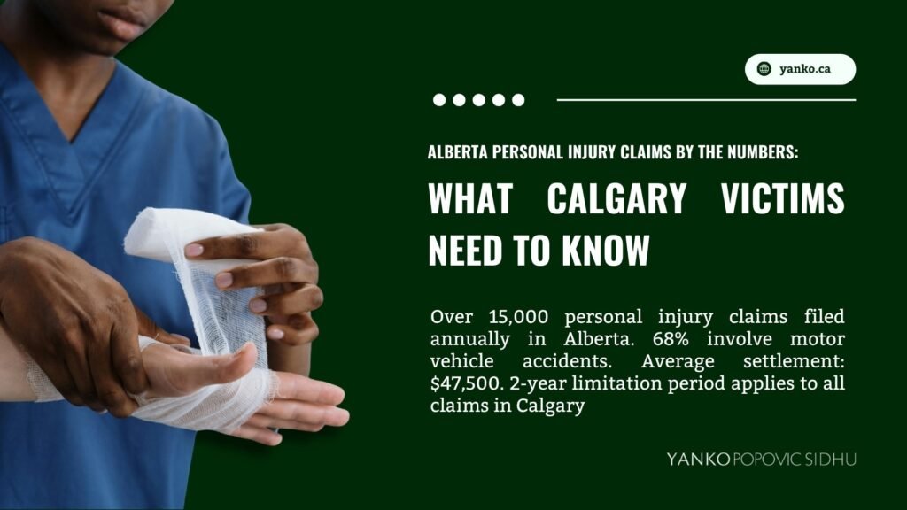 A medical professional wraps a wrist in bandages. Text highlights Alberta's injury claims: over 15,000 filed yearly, 68% from vehicle accidents, averaging $47,500 in settlements, with a 2-year limit for Calgary claims.