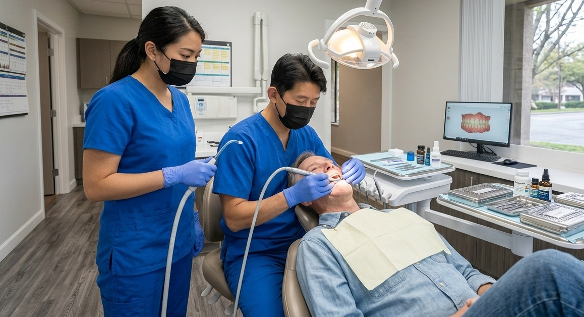 Dentist and dental assistant in blue scrubs performing a dental procedure on a male patient at CL Family Dentistry in La Verne, CA