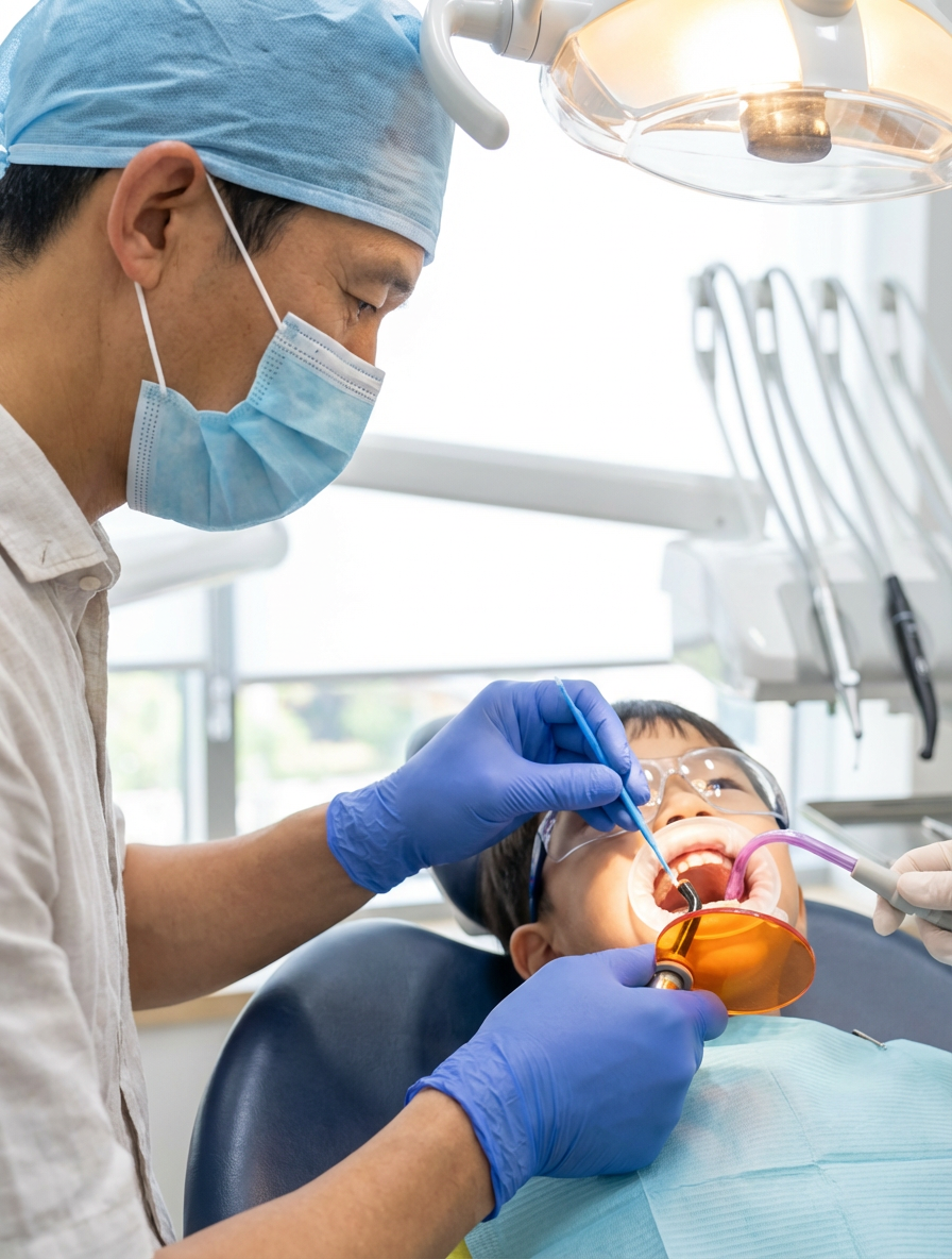 A dentist in surgical mask, cap, and blue gloves performing a dental procedure on a young child patient in a modern dental chair, with overhead lighting and dental instruments visible.
