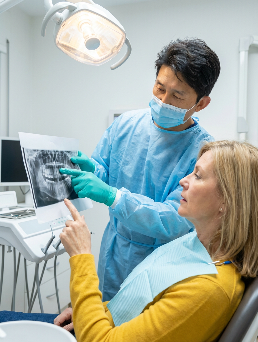 A dentist in a blue surgical gown and mask holds up a panoramic dental X-ray while a seated patient in a yellow sweater points to an area of her X-ray.