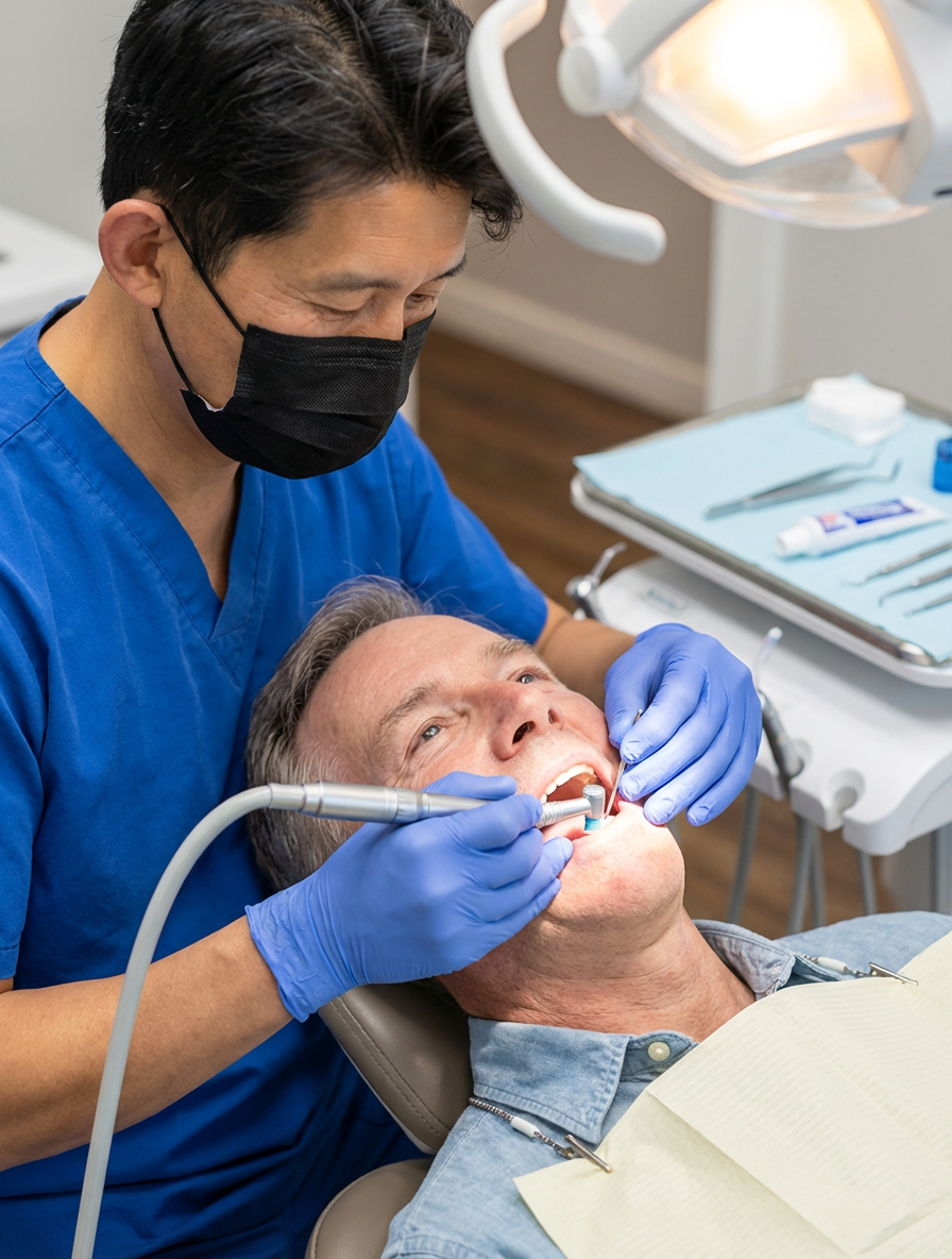 A dentist in blue scrubs and a black mask uses a dental handpiece to work on a reclined male patient's tooth under bright operatory lighting, with dental instruments and supplies arranged on a tray nearby at Choi & Lee Family Dentistry in La Verne, CA.