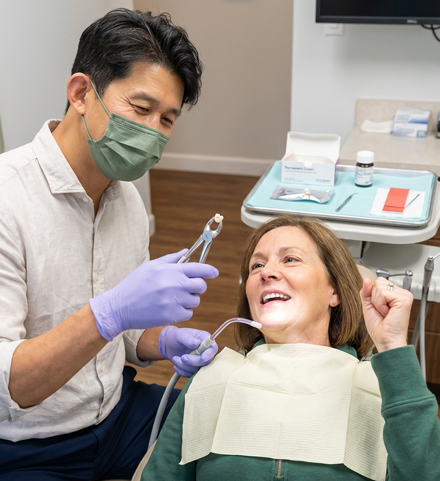 A dentist in a green mask and purple gloves holds extraction forceps while a smiling patient raises her fist in relief after a tooth extraction, with a prepared instrument tray visible in the background at Choi & Lee Family Dentistry in La Verne, CA.