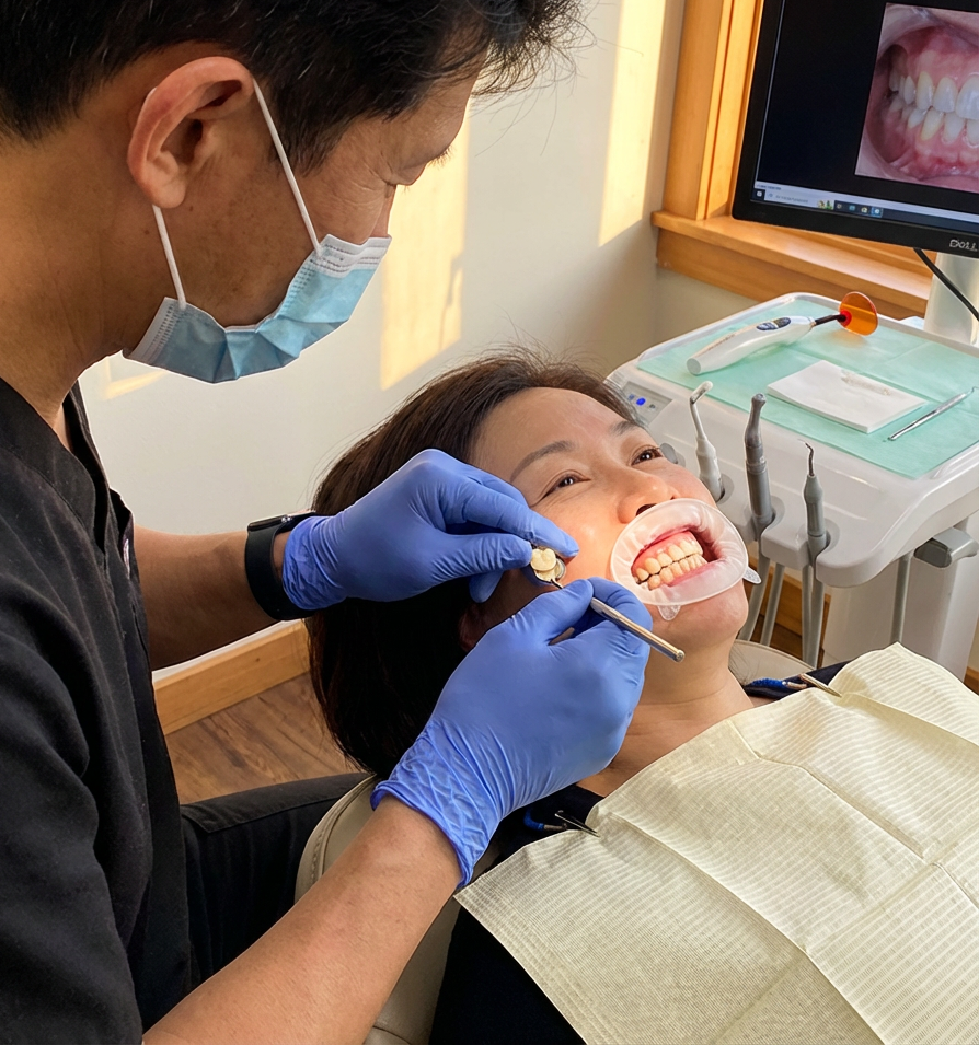 A dentist in blue gloves and a mask places a dental crown on a patient's tooth using a cheek retractor at Choi & Lee Family Dentistry in La Verne, CA.