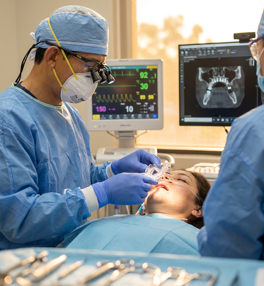 Dentist performing an advanced surgical procedure with real time monitoring and digital imaging displayed on multiple screens.
