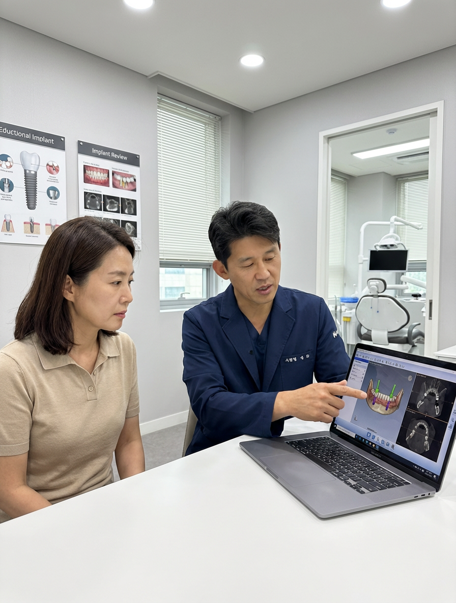 A dentist in a dark blue blazer points to dental imaging scans displayed on a laptop while consulting with a patient, demonstrating modern diagnostic technology in a bright, professional treatment setting.