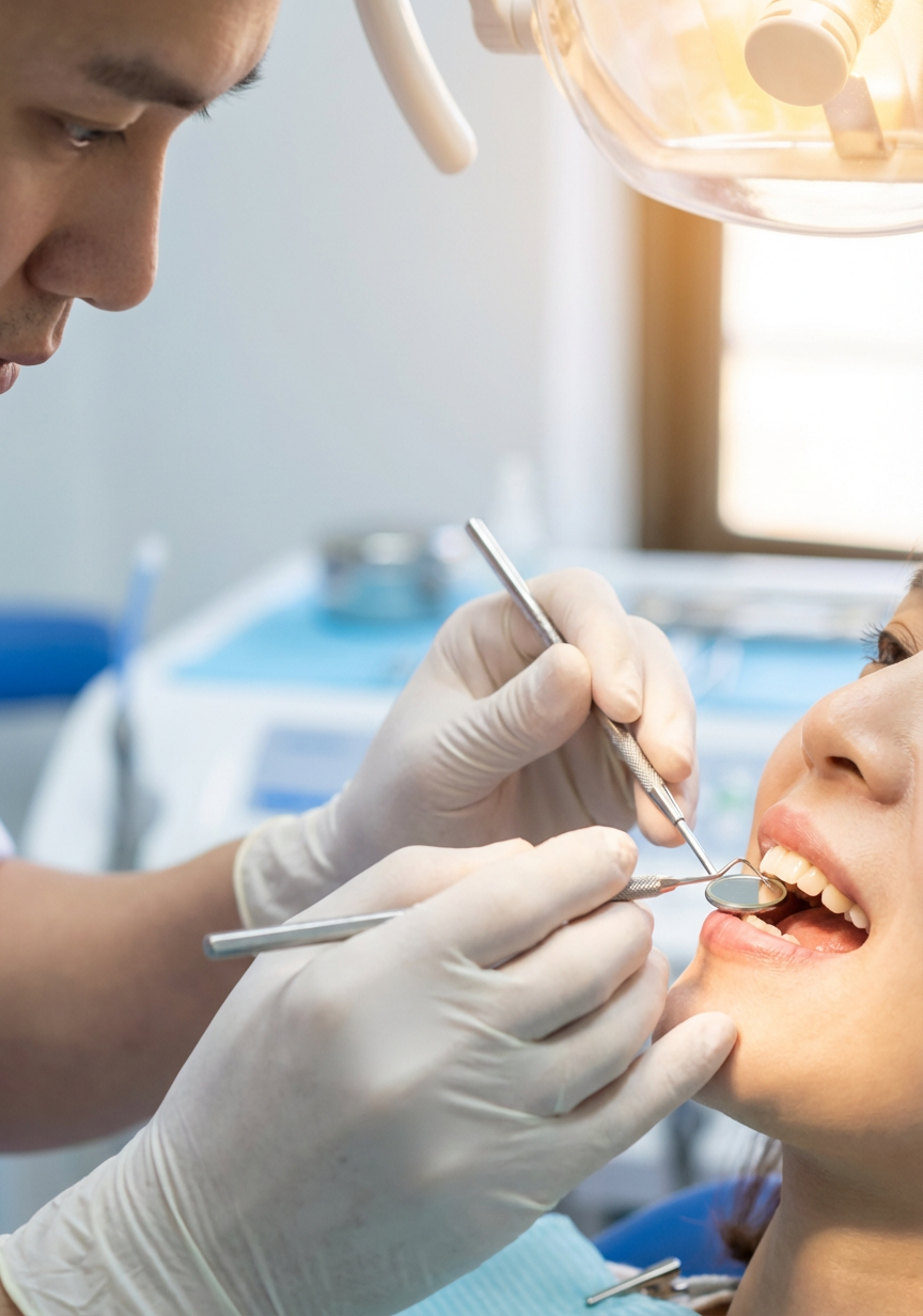 A dentist in white gloves performs a dental exam on a patient using a mirror and explorer tool under a bright operatory light.