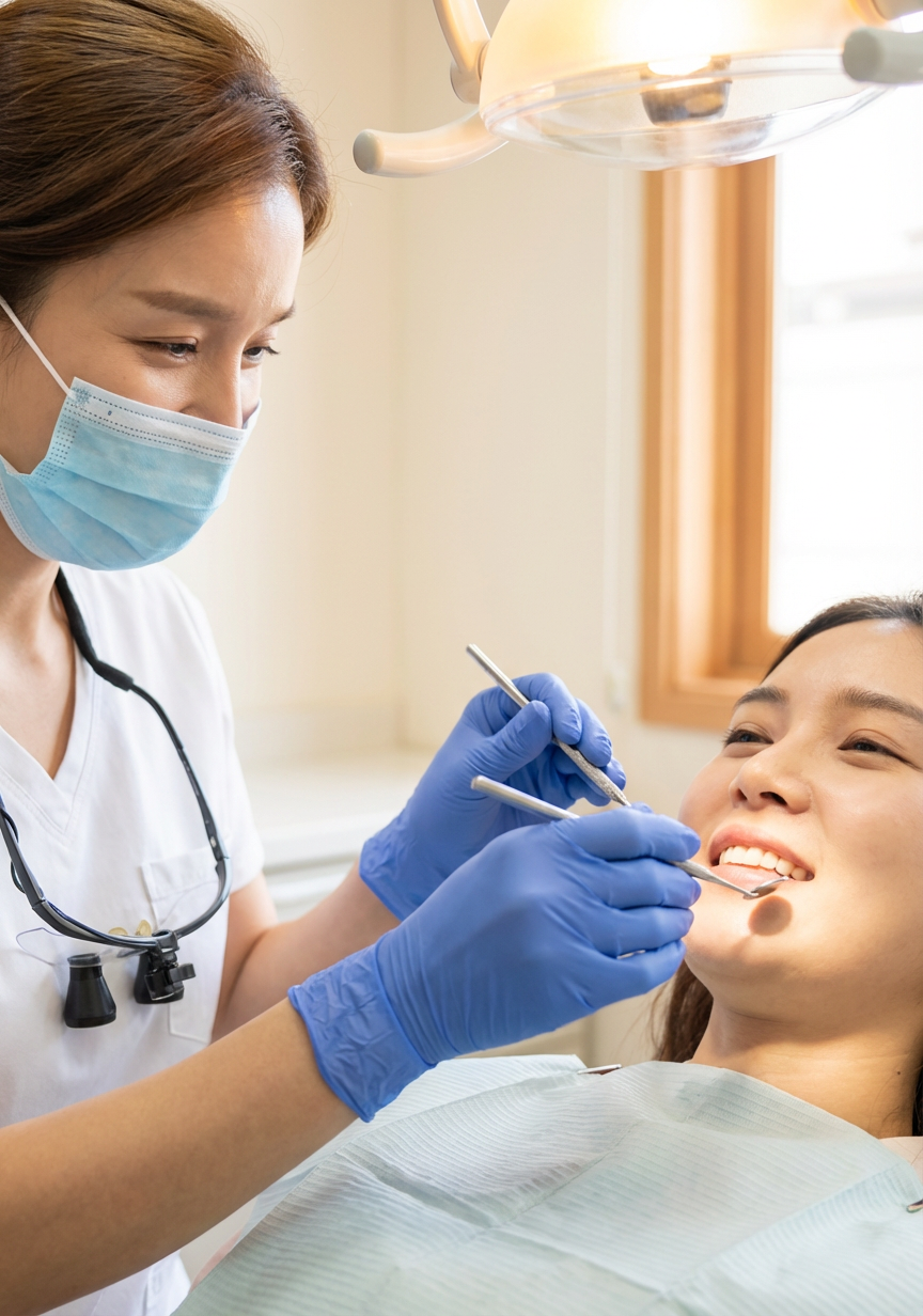Registered dental hygienist examines patient's teeth during routine checkup