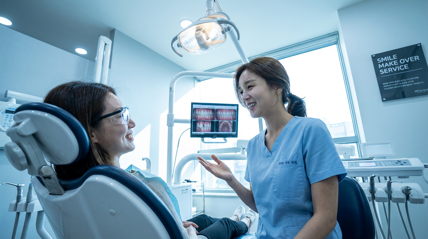 A dental provider in blue scrubs speaks with a smiling patient seated in a dental chair, with tooth images displayed on a monitor in the background.