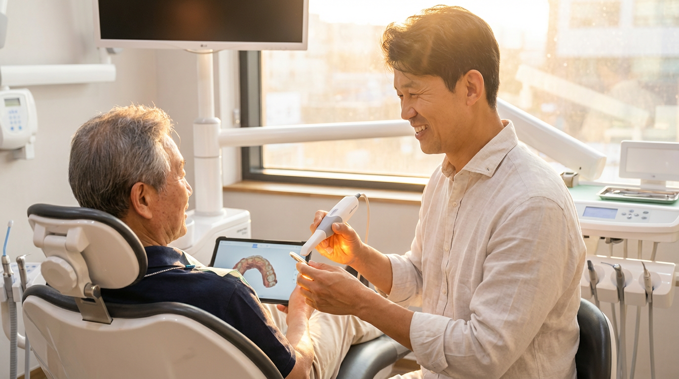 A dentist shows a patient a digital intraoral scanner while a 3D tooth scan displays on a tablet in a sunlit treatment room.
