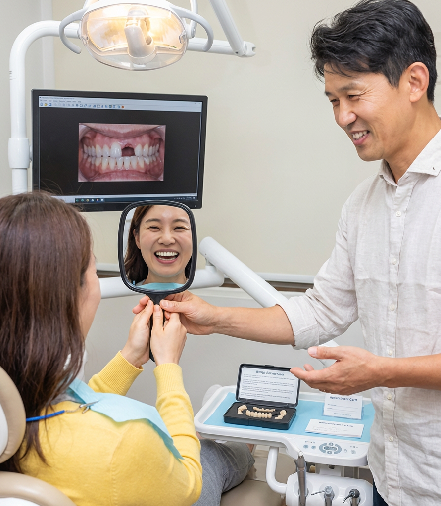 A patient smiles while looking at her reflection in a hand mirror during a dental consultation, with a tooth image displayed on a monitor and a dental crown sample visible nearby.