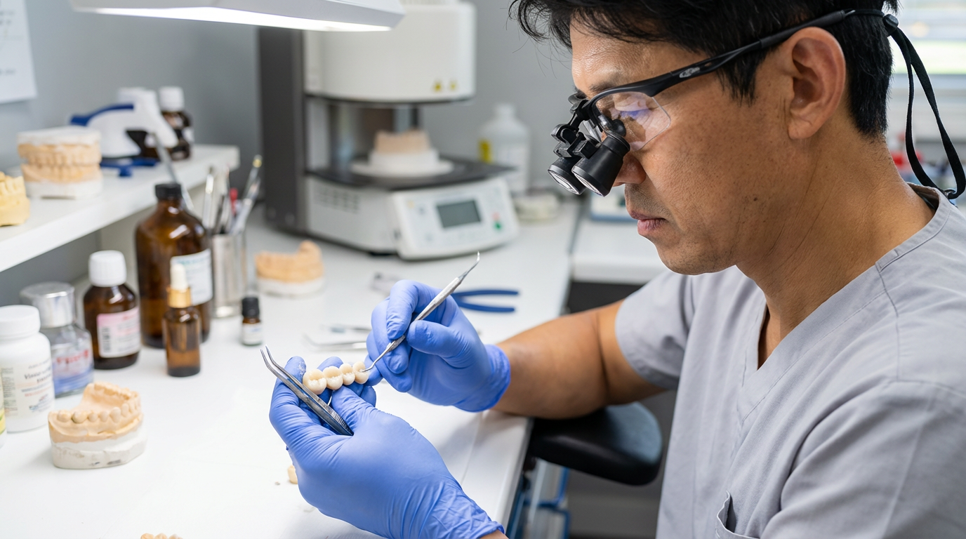 Dr. Choi examining a ceramic dental bridge in a modern dental laboratory