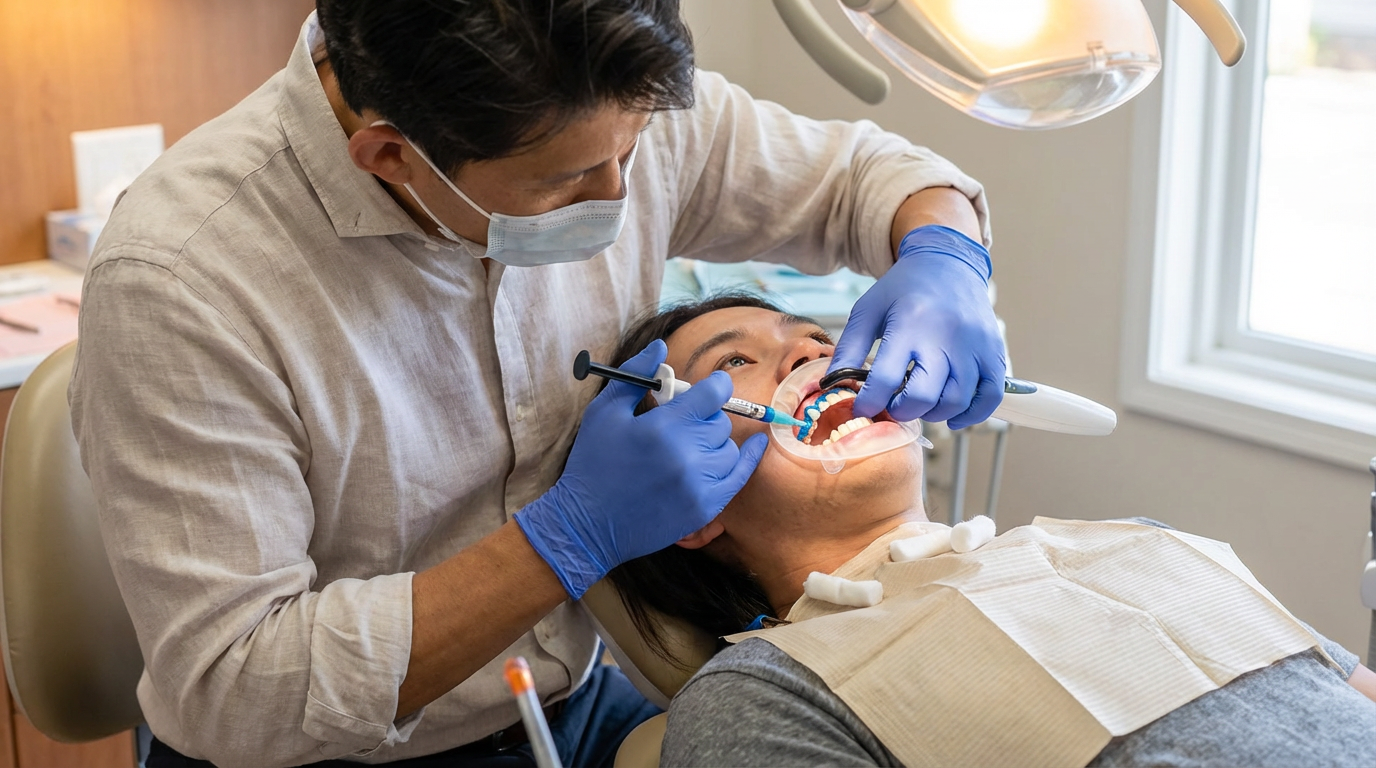 A dentist in blue gloves applies a whitening gel to a patient's teeth using a syringe, with a cheek retractor in place under an operatory light.