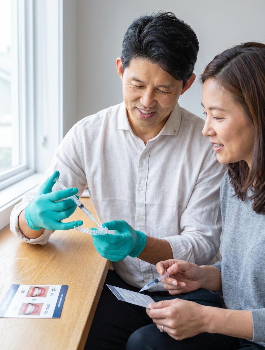 A dental provider in teal gloves shows a patient how to apply whitening gel into a custom take-home whitening tray, with before and after reference cards visible on the table.
