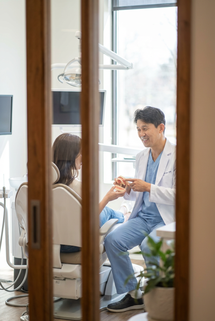 A male dentist in a white coat and blue scrubs smiles while discussing treatment options with a patient seated in the dental chair, viewed through a wooden doorframe.