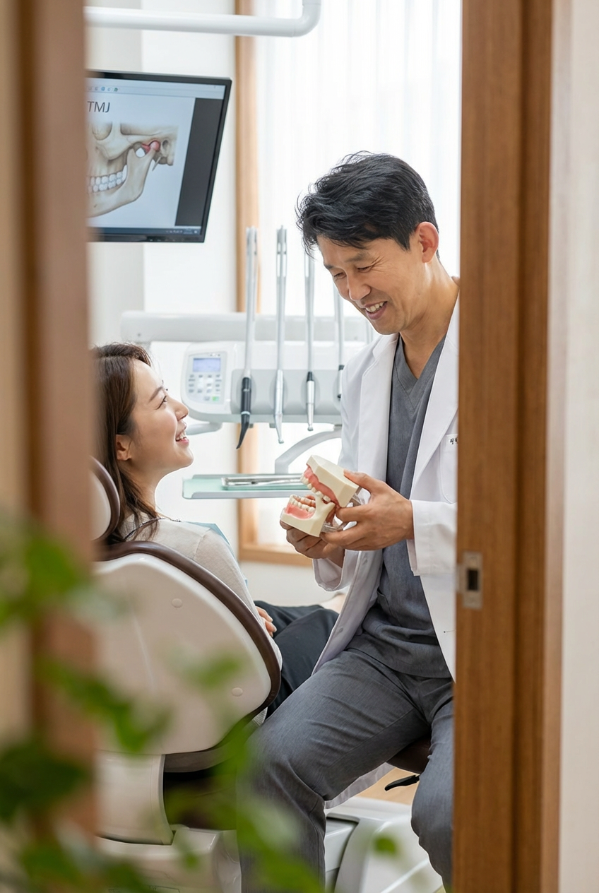 A dentist holds a dental jaw model while speaking with a smiling patient in a treatment room, with a TMJ diagram visible on a monitor in the background.