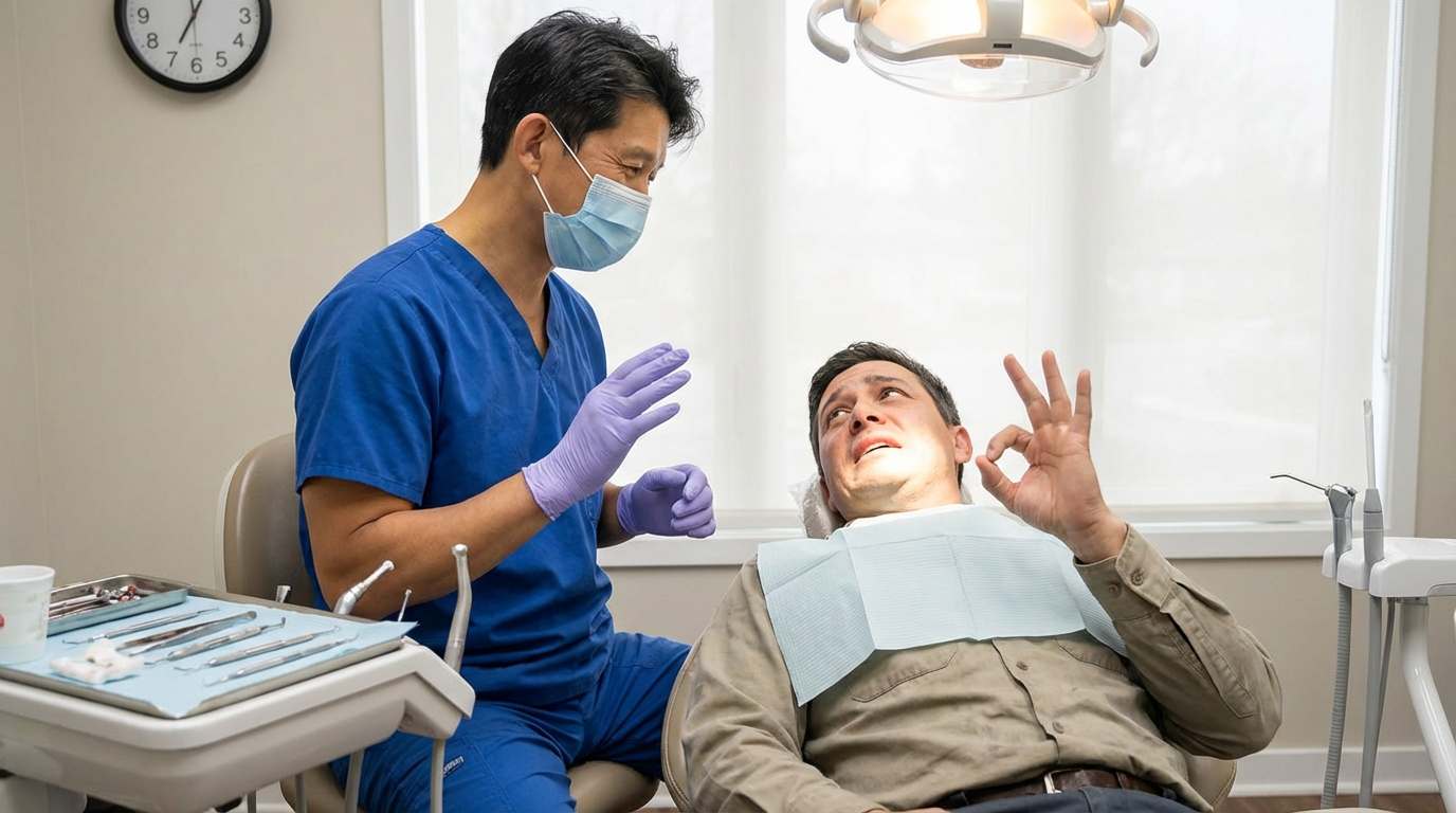 A dentist in blue scrubs speaks with a patient seated in a dental chair, who gives an okay gesture signaling he is comfortable and doing well.