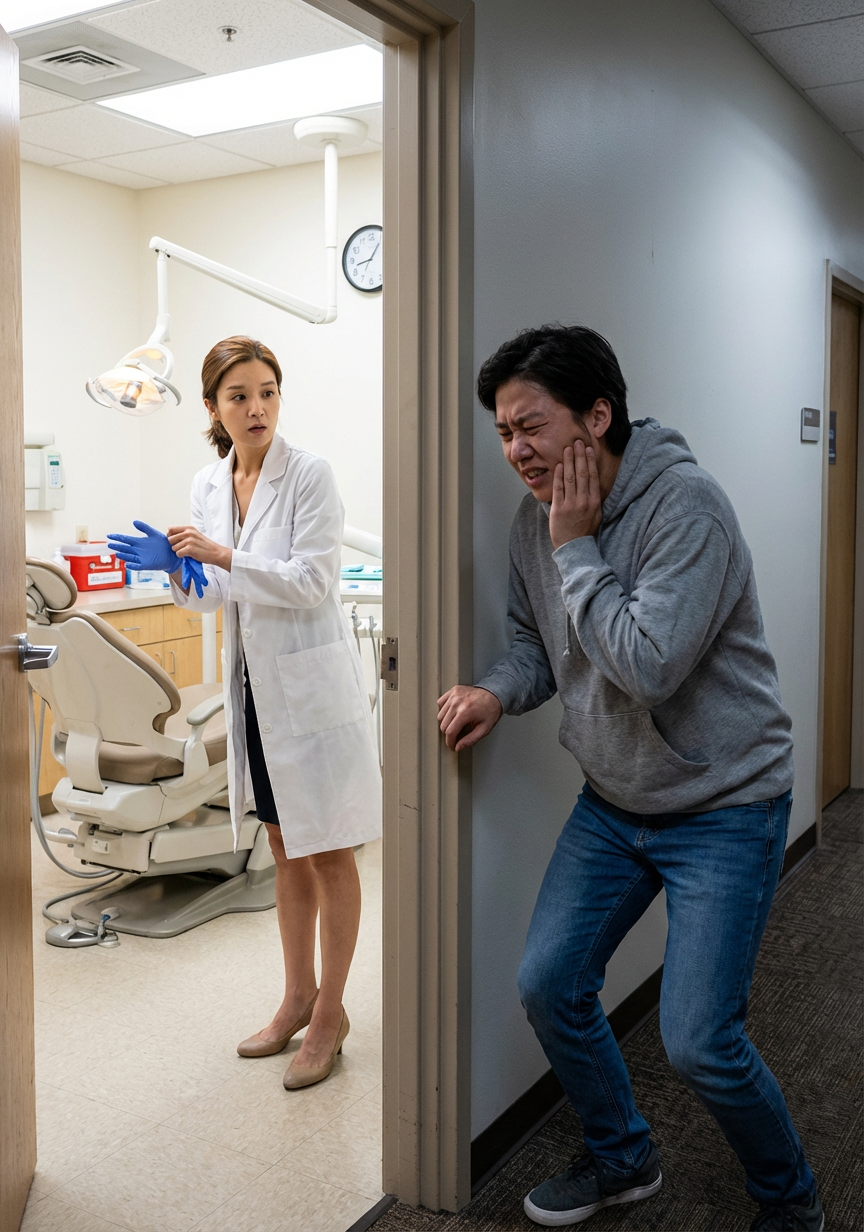 A patient holding his jaw in pain arrives at a dental office doorway while a dentist in a white coat prepares to assist him.