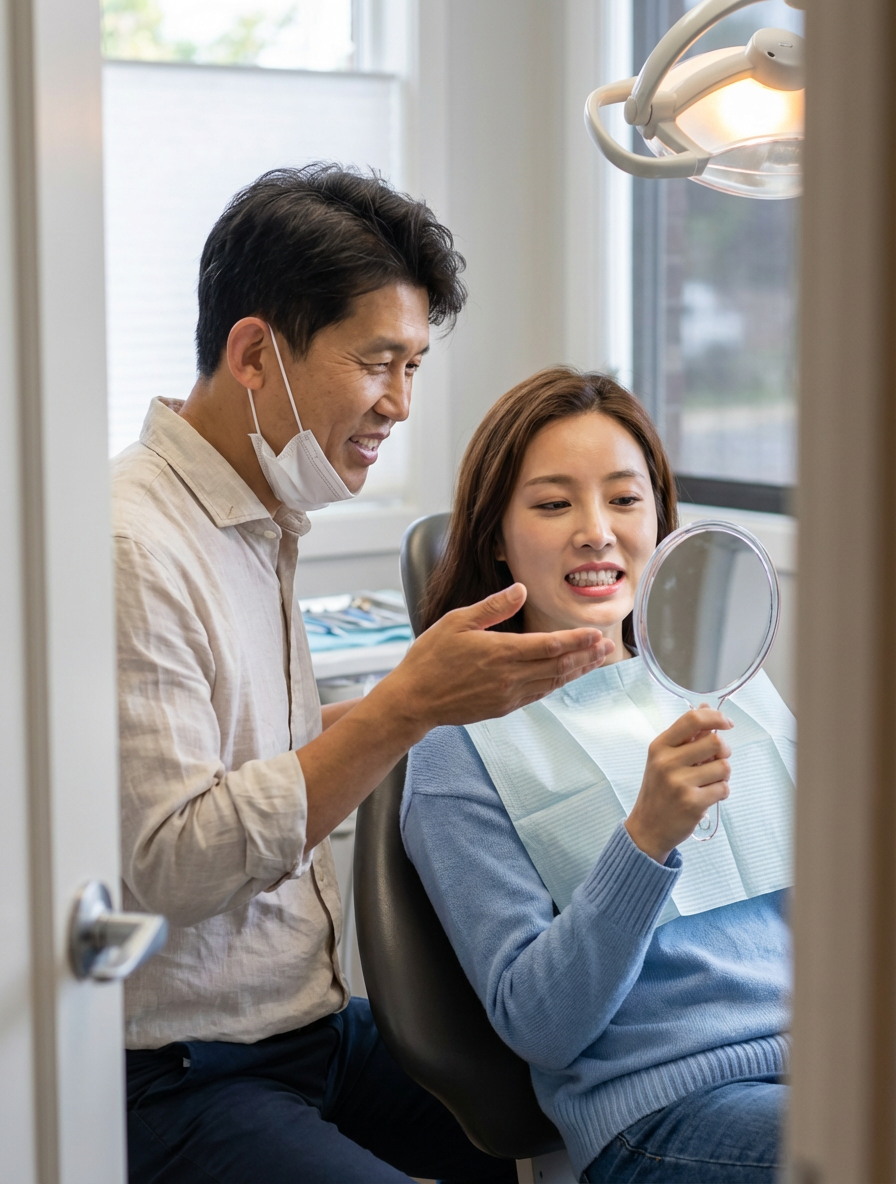 A dentist with his mask lowered smiling alongside a female patient seated in a dental chair as she holds a hand mirror and admires her smile after a dental treatment.