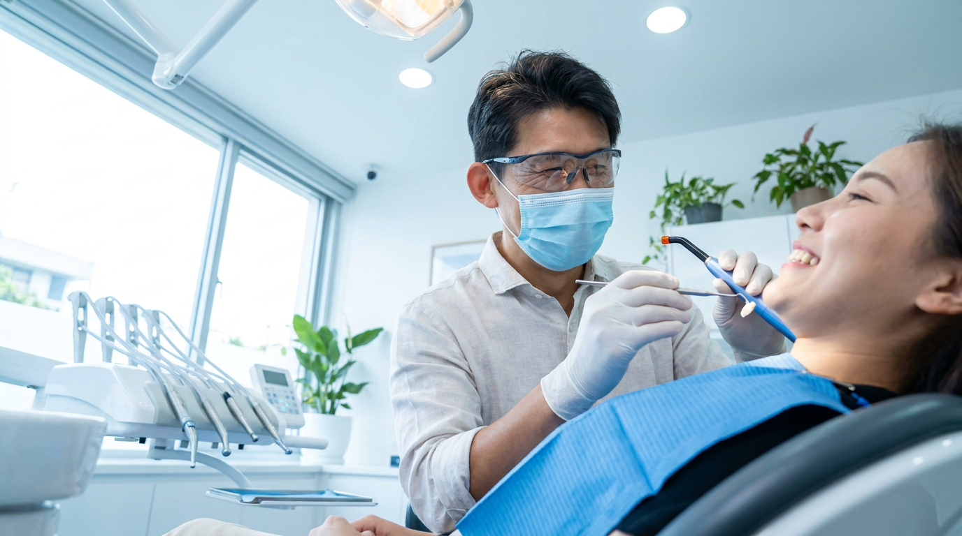 Dentist in protective eyewear and face mask examining a female patient's teeth with a dental mirror in a bright, modern dental office with plants and equipment visible in the background.