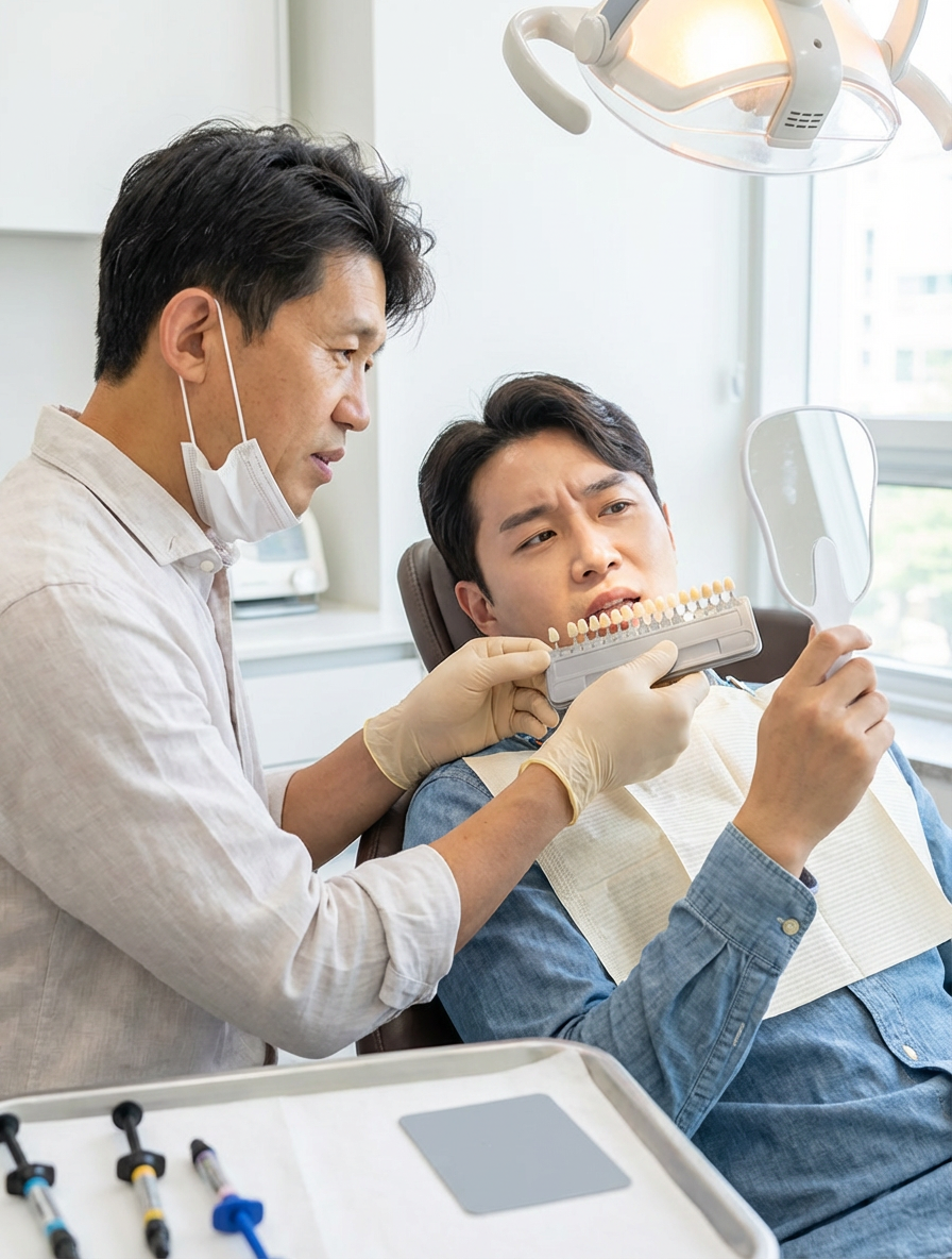 A dentist in latex gloves holds a tooth shade guide against a seated patient's teeth while the patient examines the match in a hand mirror, with composite resin syringes arranged on a tray in the foreground at Choi & Lee Family Dentistry in La Verne, CA.