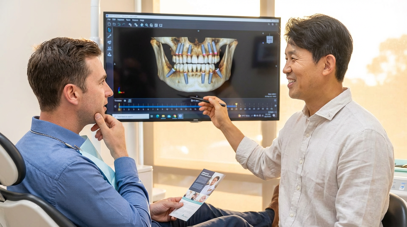 A dentist points to a 3D cone beam CT scan showing full arch implant placement on a large monitor while a patient holds an implant brochure and listens during a dental implant consultation at Choi & Lee Family Dentistry in La Verne, CA.