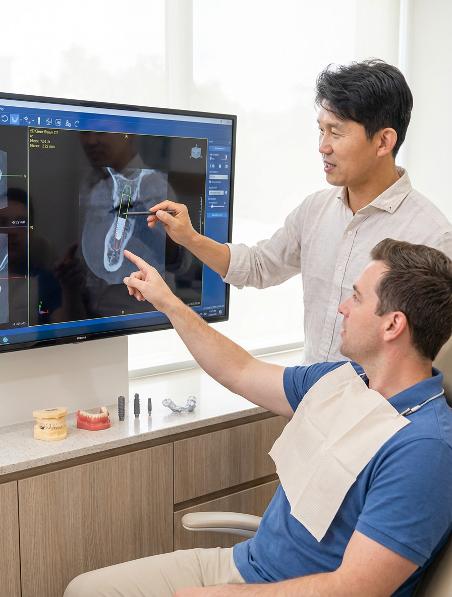 A dentist points to a 3D cone beam CT scan showing implant placement planning on a monitor while a seated patient points to the same area, with implant models and a surgical guide on the counter at Choi & Lee Family Dentistry in La Verne, CA.