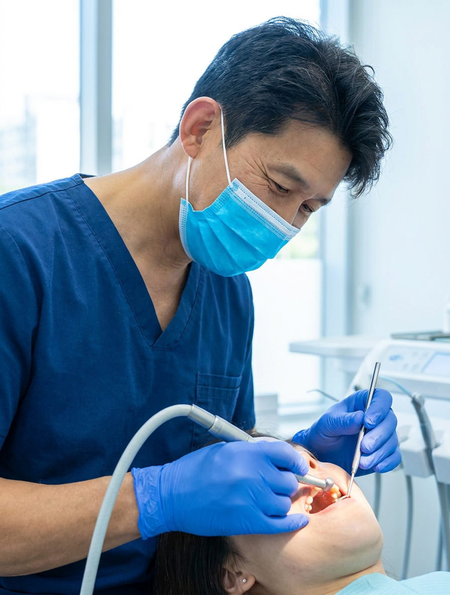 A dentist wearing a bright blue surgical mask and blue nitrile gloves performs a dental procedure on a patient. The dentist, dressed in dark blue medical scrubs, is leaned over the patient who is reclined in a dental chair