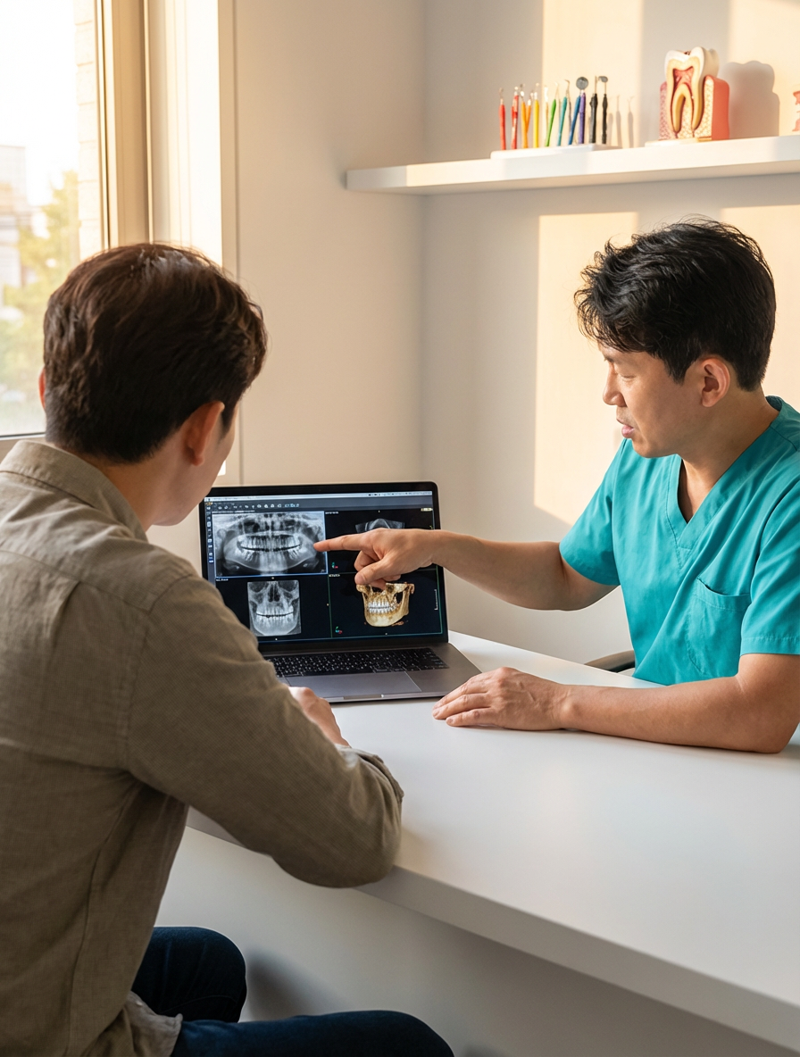 A dental team member positions a digital X-ray sensor for a seated patient wearing a lead apron at Choi & Lee Family Dentistry in La Verne, CA.