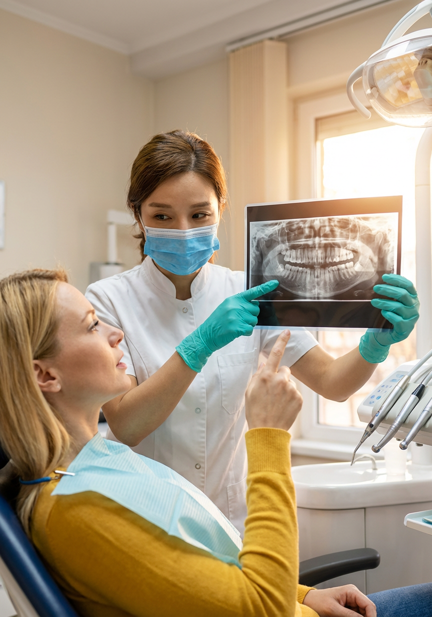 A dentist in a white coat and blue mask holds up a panoramic dental X-ray while a seated patient in a yellow sweater points to an area of interest, reviewing the images together during an appointment at Choi & Lee Family Dentistry in La Verne, CA.