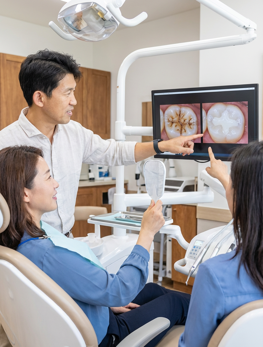 A dentist points to a side by side before and after tooth image on a monitor while a seated patient holds a hand mirror and a dental assistant gestures toward the screen at Choi & Lee Family Dentistry in La Verne, CA.